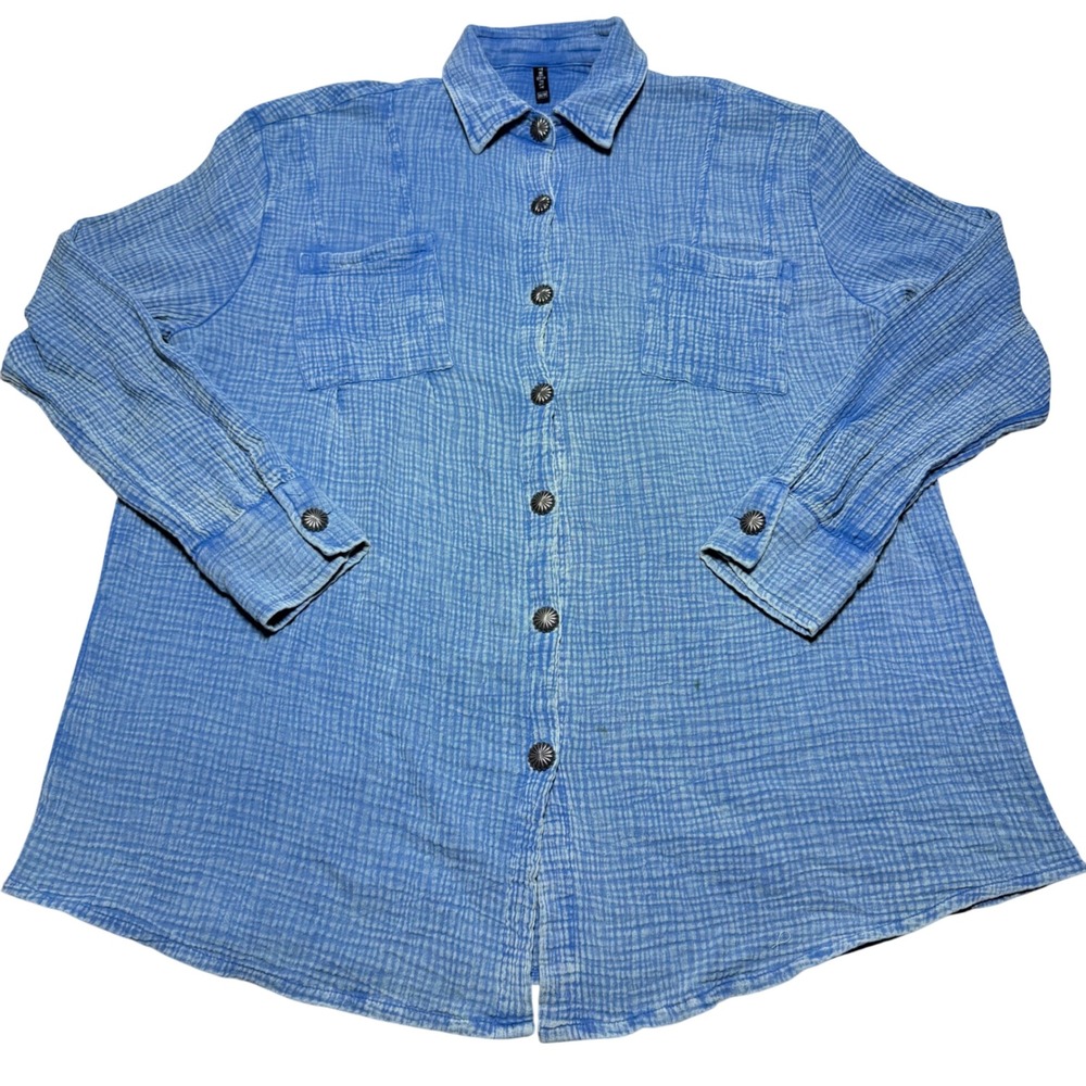 Two 2 Fly Women 2X Long Sleeve Button Up Gauze Shirt Cotton Western Concho Blue